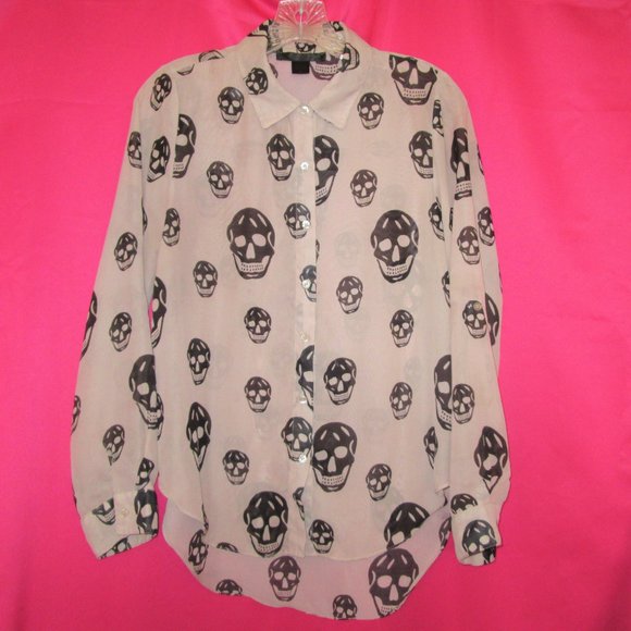 sheer skull top sexy skeleton shirt size medium goth top button down - Picture 4 of 4